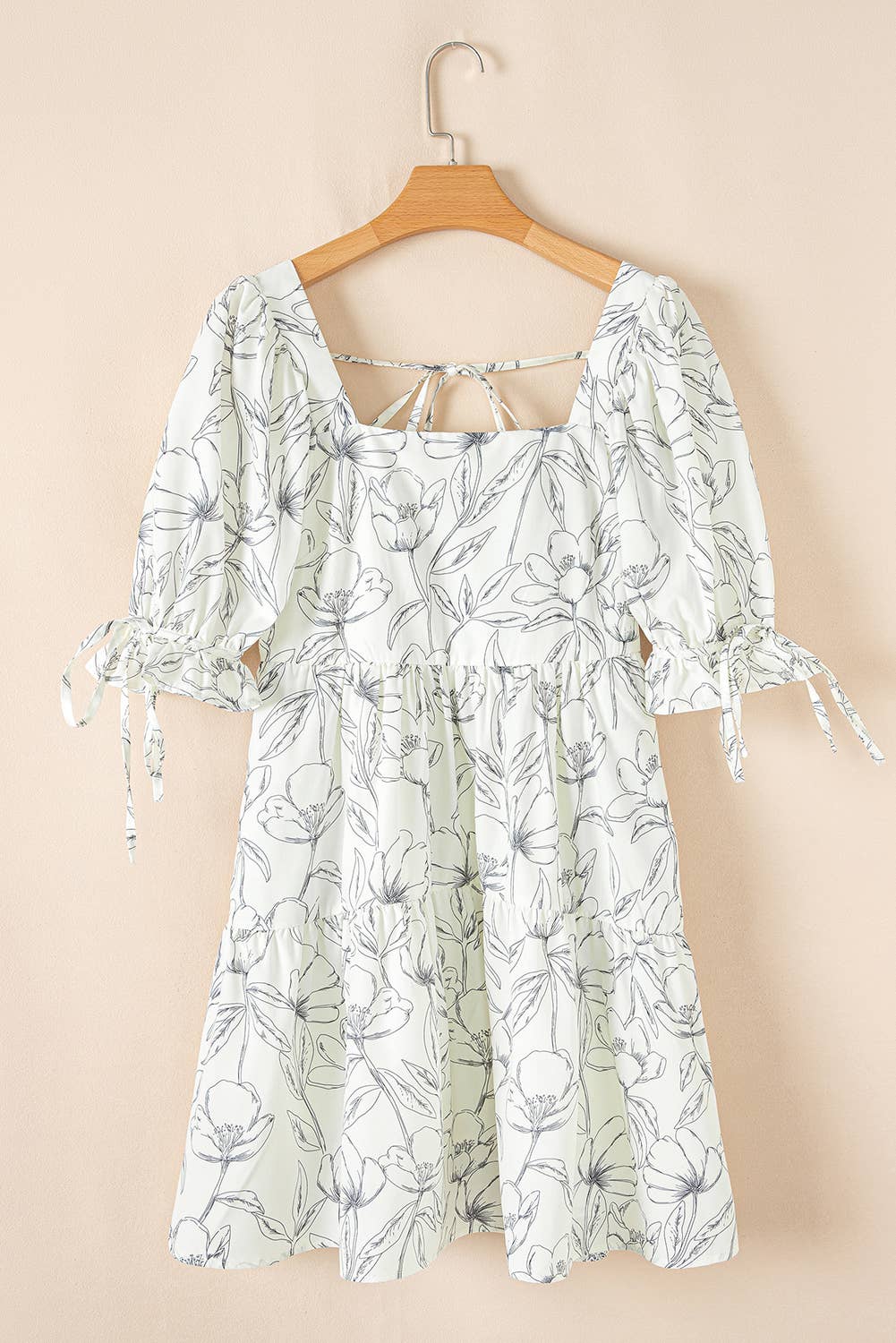 Floral Print Square Neck Shirred Back Puff Sleeve Mini Dress