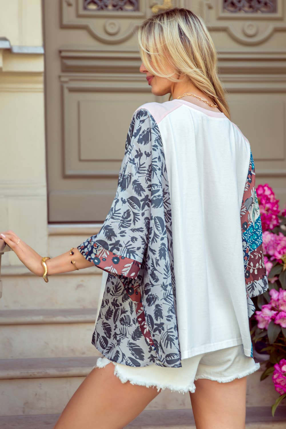 Asymmetric Printed Patchwork Sleeve Peace Desert Graphic Tee