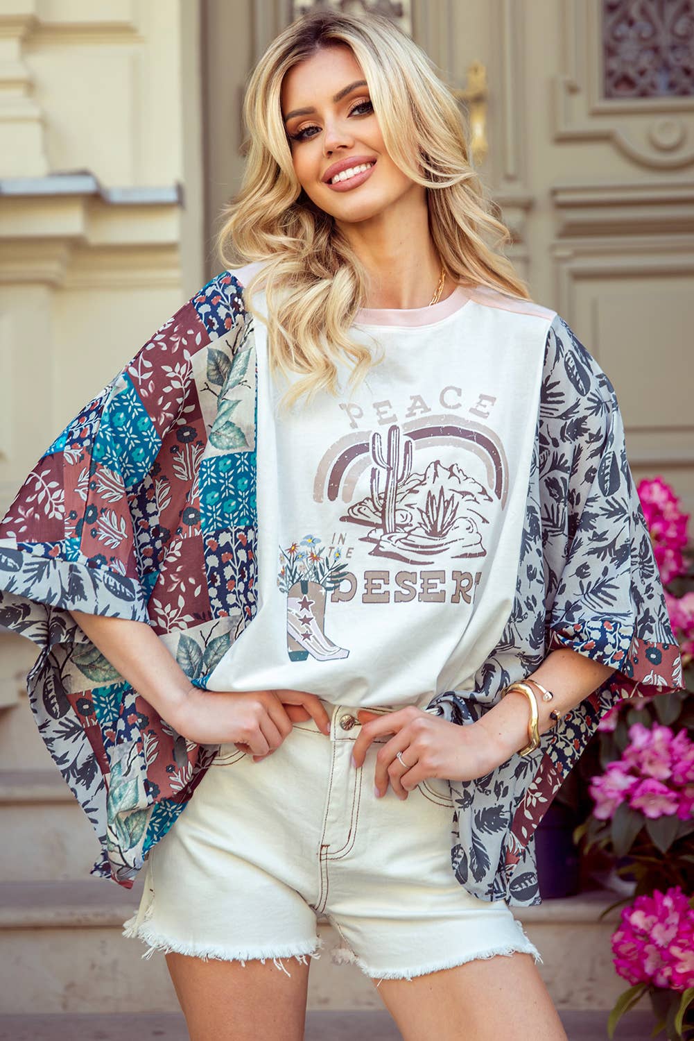 Asymmetric Printed Patchwork Sleeve Peace Desert Graphic Tee