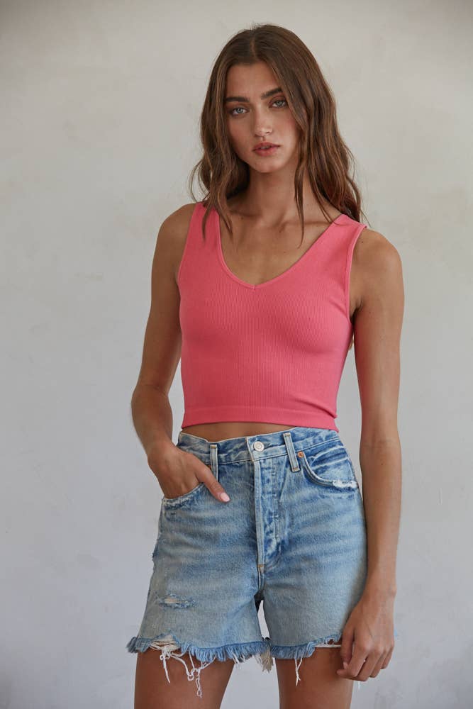 Women's Seamless Ribbed U-V Neck Crop Tank Top Bubble Gum