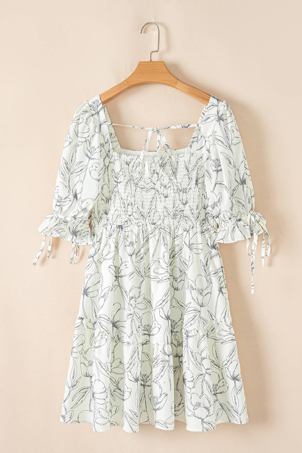 Floral Print Square Neck Shirred Back Puff Sleeve Mini Dress