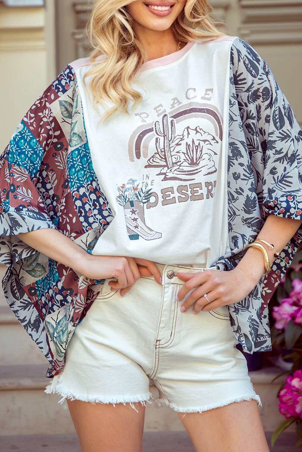 Asymmetric Printed Patchwork Sleeve Peace Desert Graphic Tee