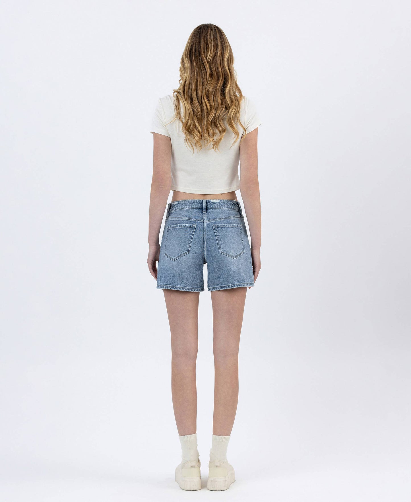 High rise tabbed waste banned cuffed denim shorts