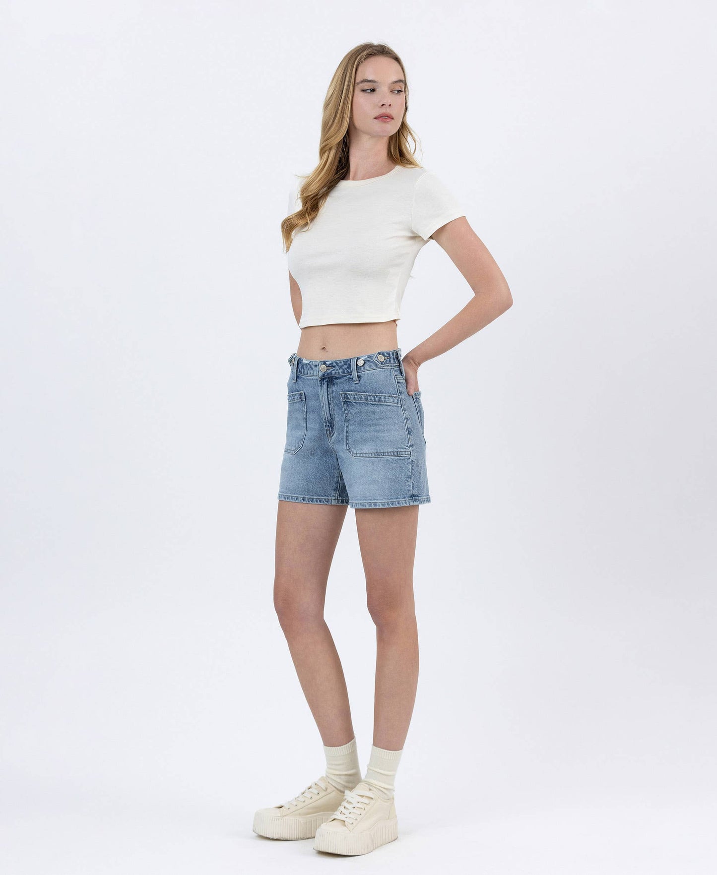 High rise tabbed waste banned cuffed denim shorts