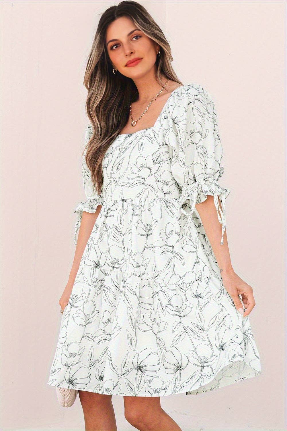 Floral Print Square Neck Shirred Back Puff Sleeve Mini Dress