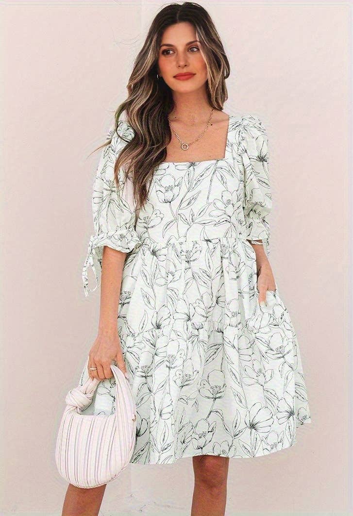 Floral Print Square Neck Shirred Back Puff Sleeve Mini Dress