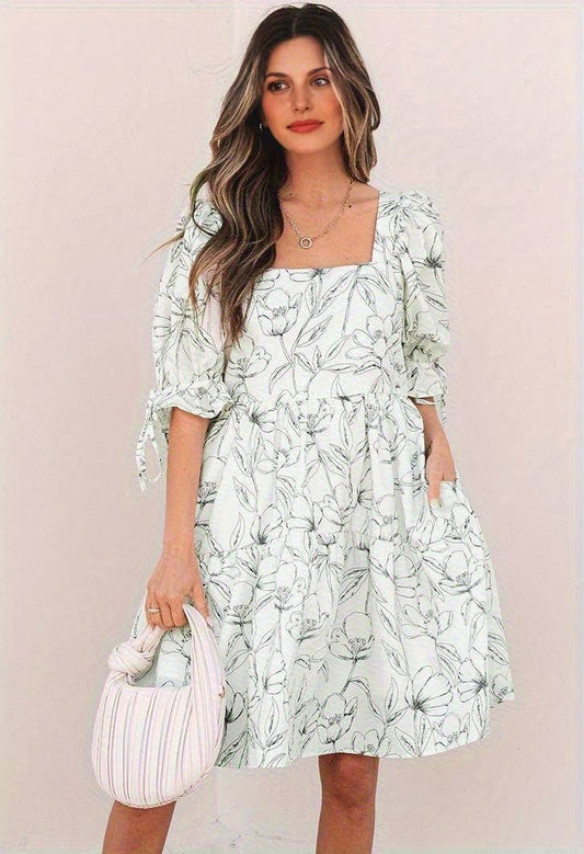 Floral Print Square Neck Shirred Back Puff Sleeve Mini Dress