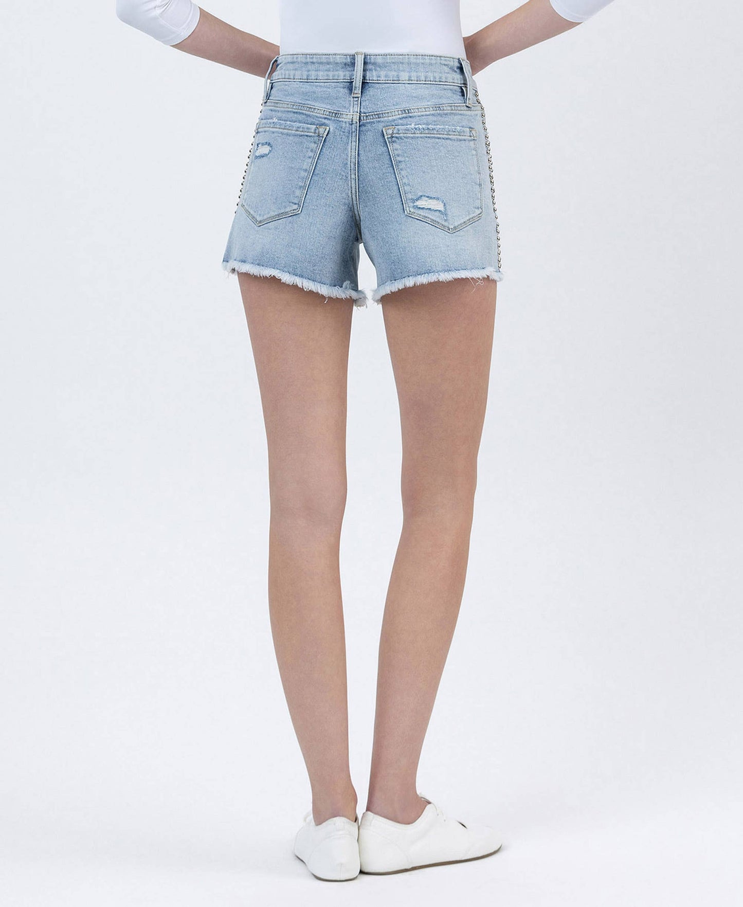High Rise distressed studded denim shorts