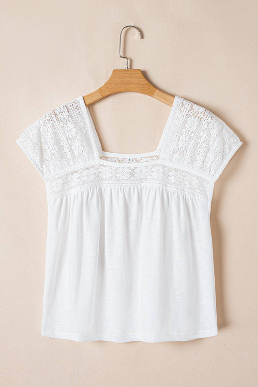 Hollowed Lace Patchwork Square Neck Short Sleeve Blouse