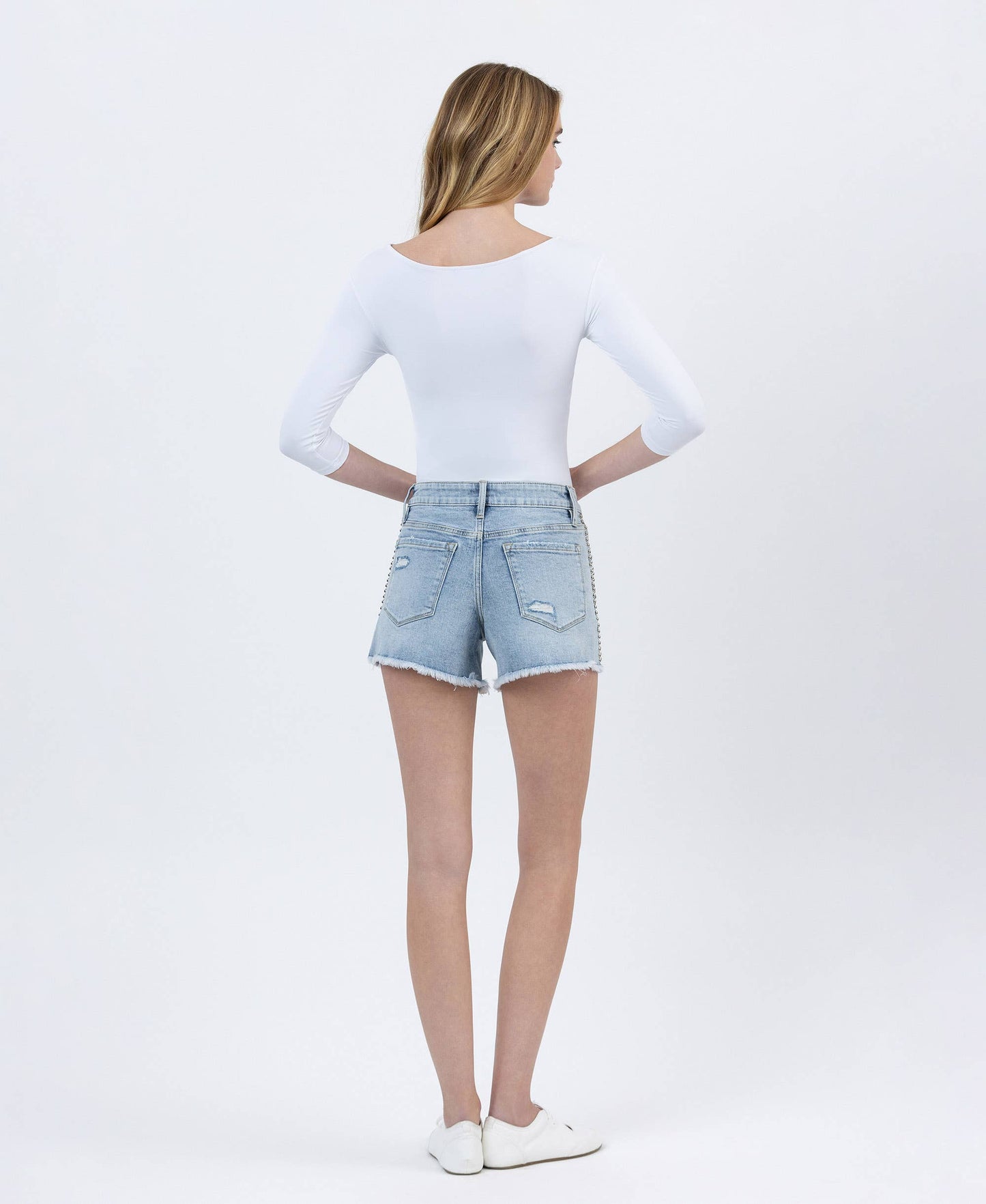 High Rise distressed studded denim shorts