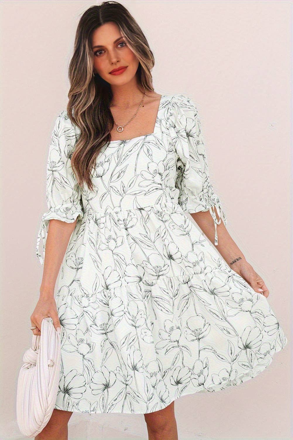 Floral Print Square Neck Shirred Back Puff Sleeve Mini Dress