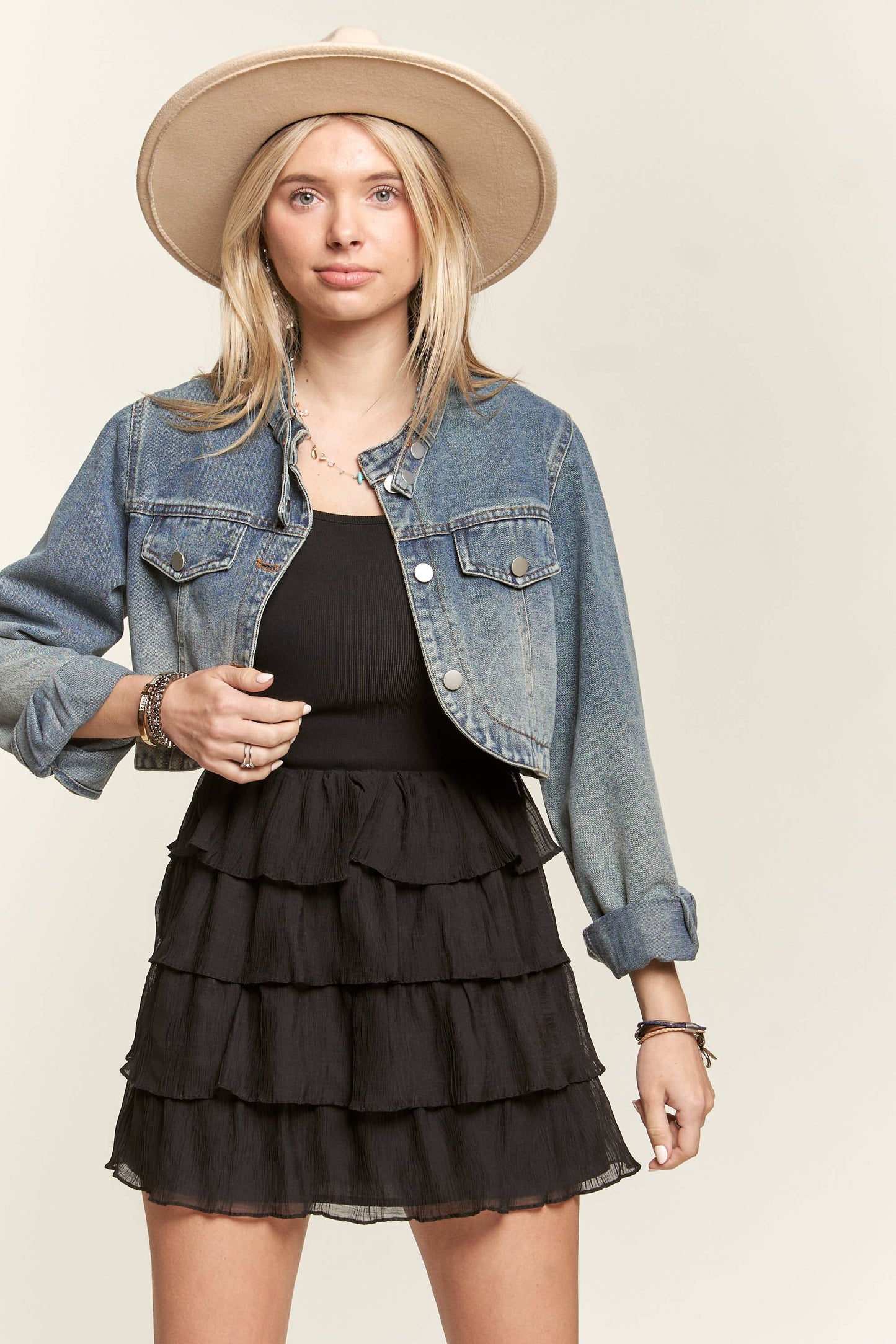 Washed cropped denim moto jacket