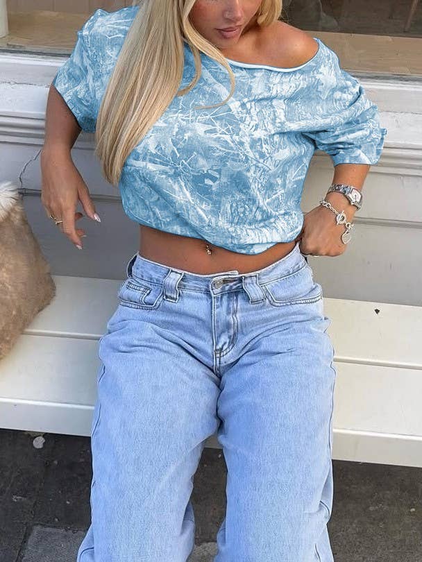 Tree camo printed off the shoulder tees relaxed shirts