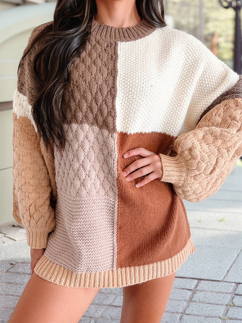 Mix Texture Colorblock Knit Sweater