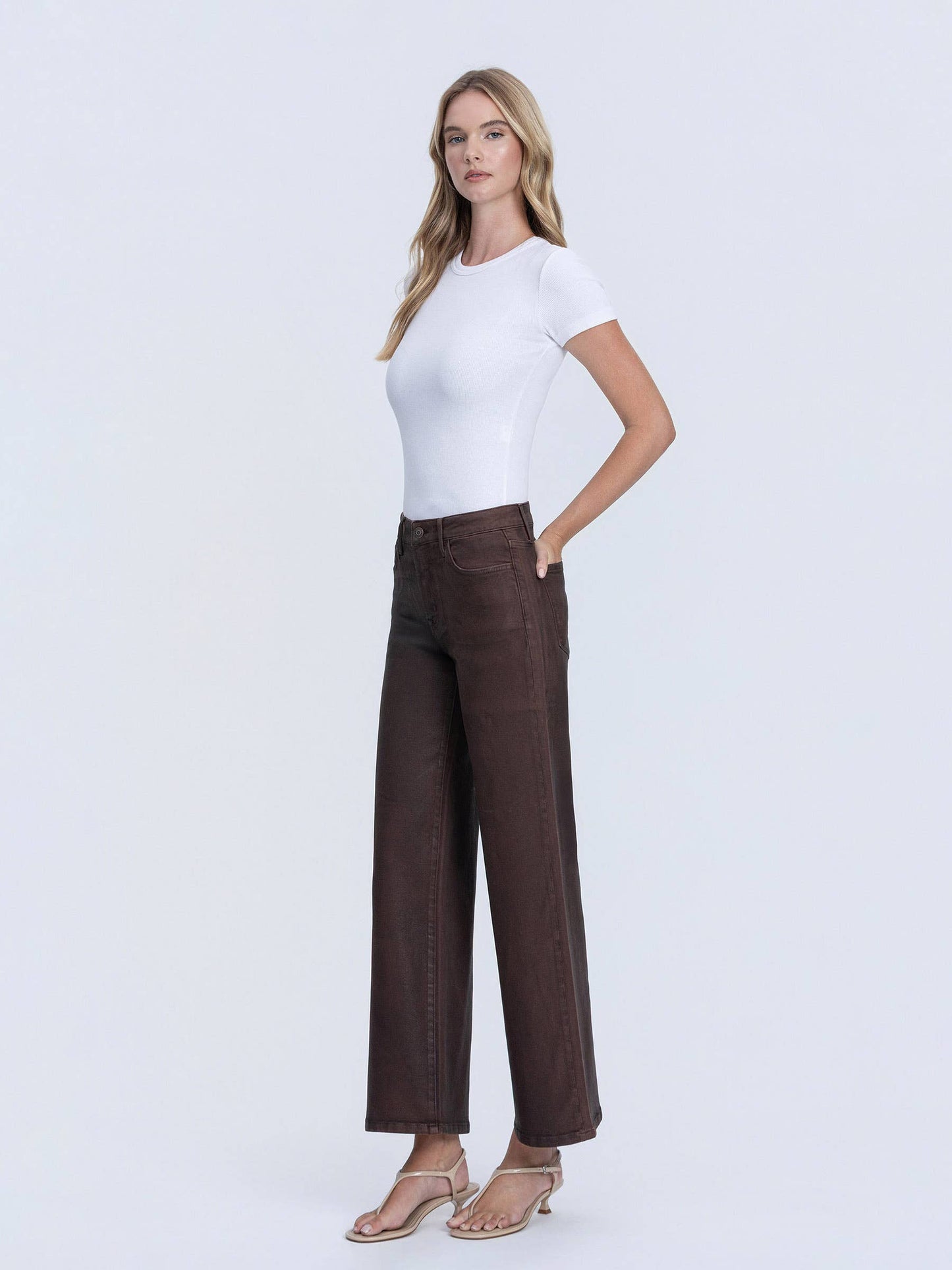 High Rise Chicory Coated Wide Leg Jeans