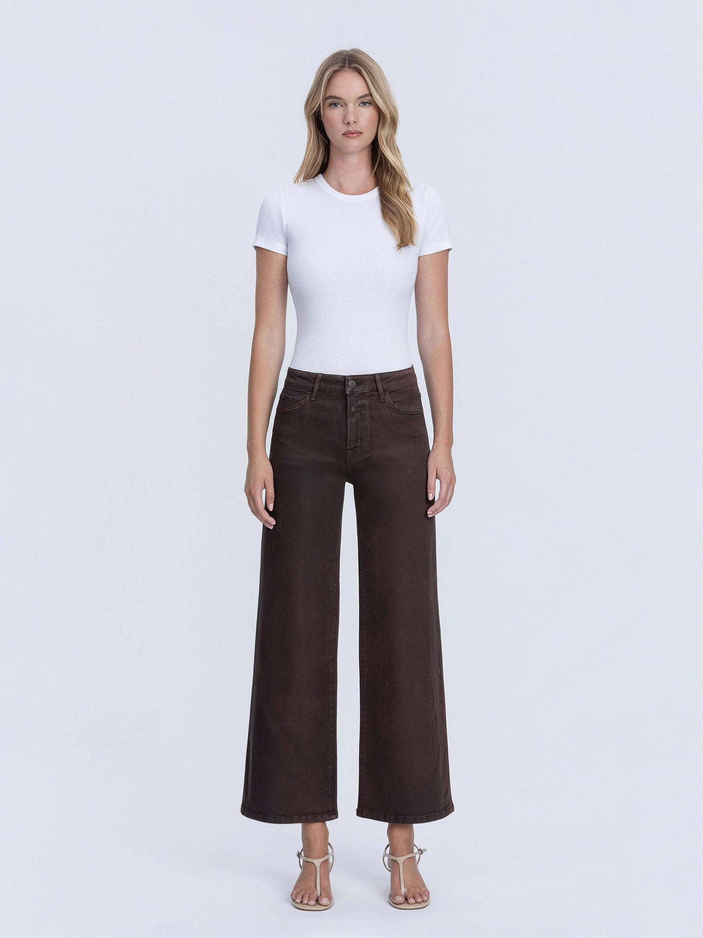 High Rise Chicory Coated Wide Leg Jeans
