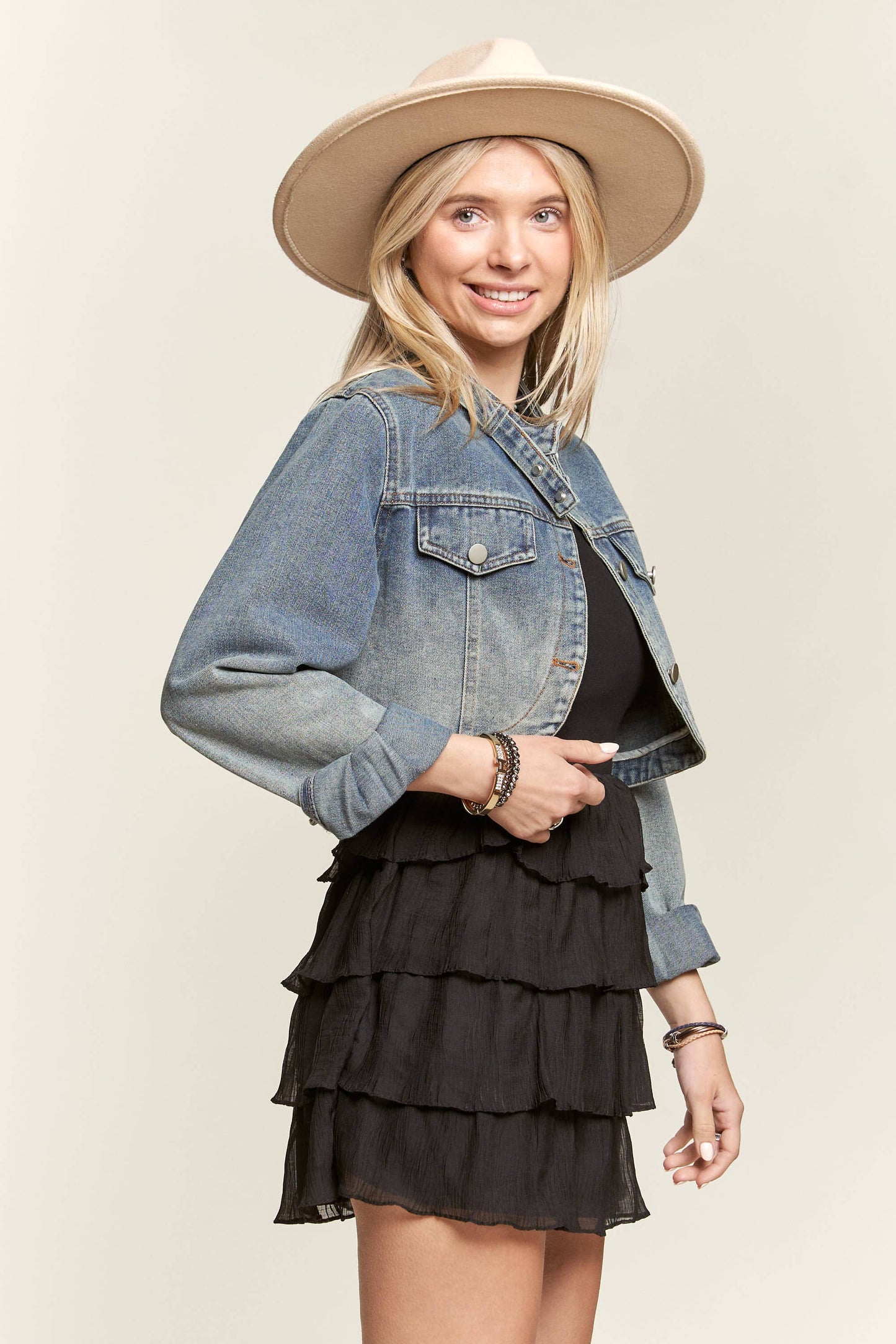 Washed cropped denim moto jacket