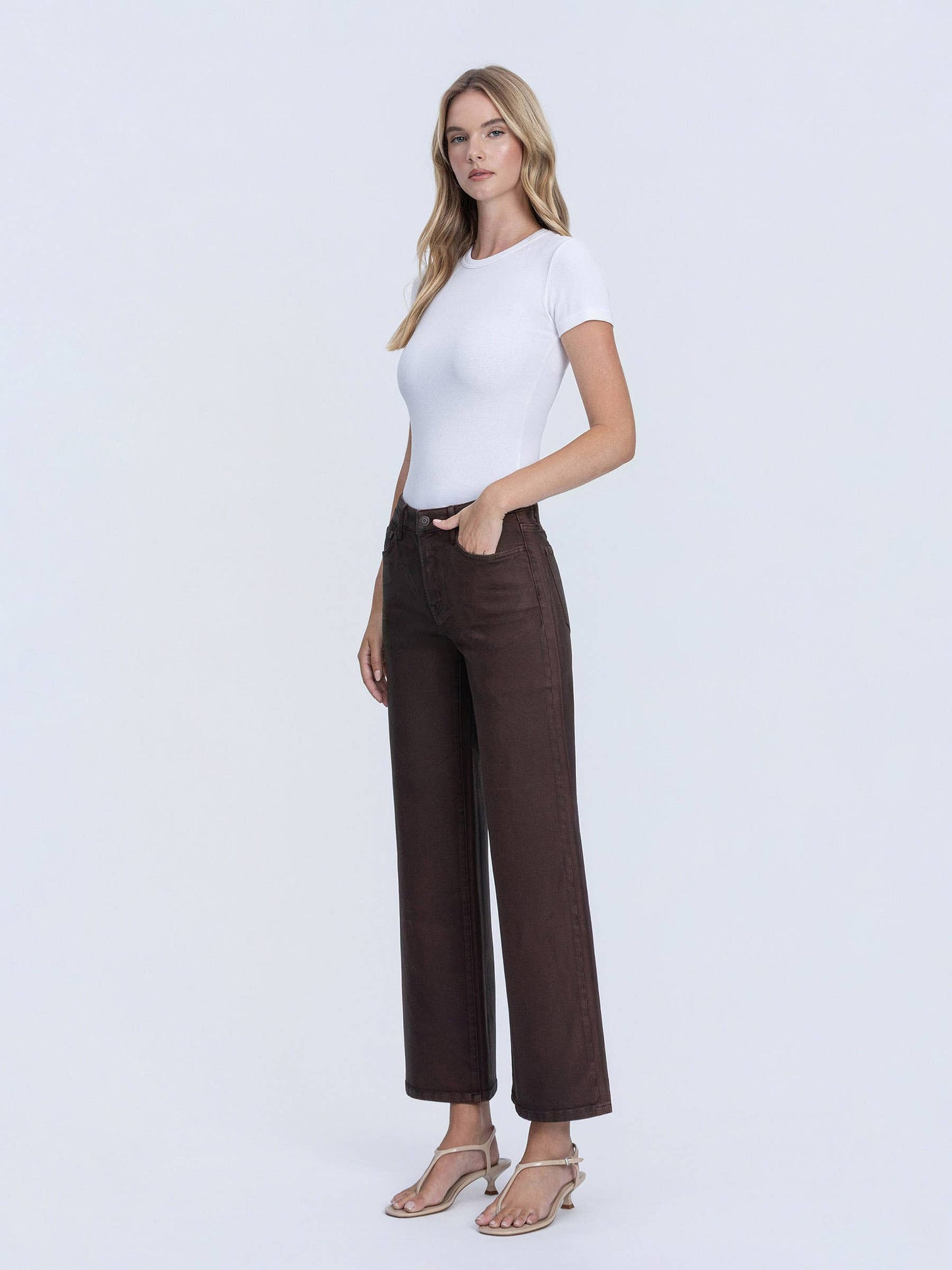 High Rise Chicory Coated Wide Leg Jeans