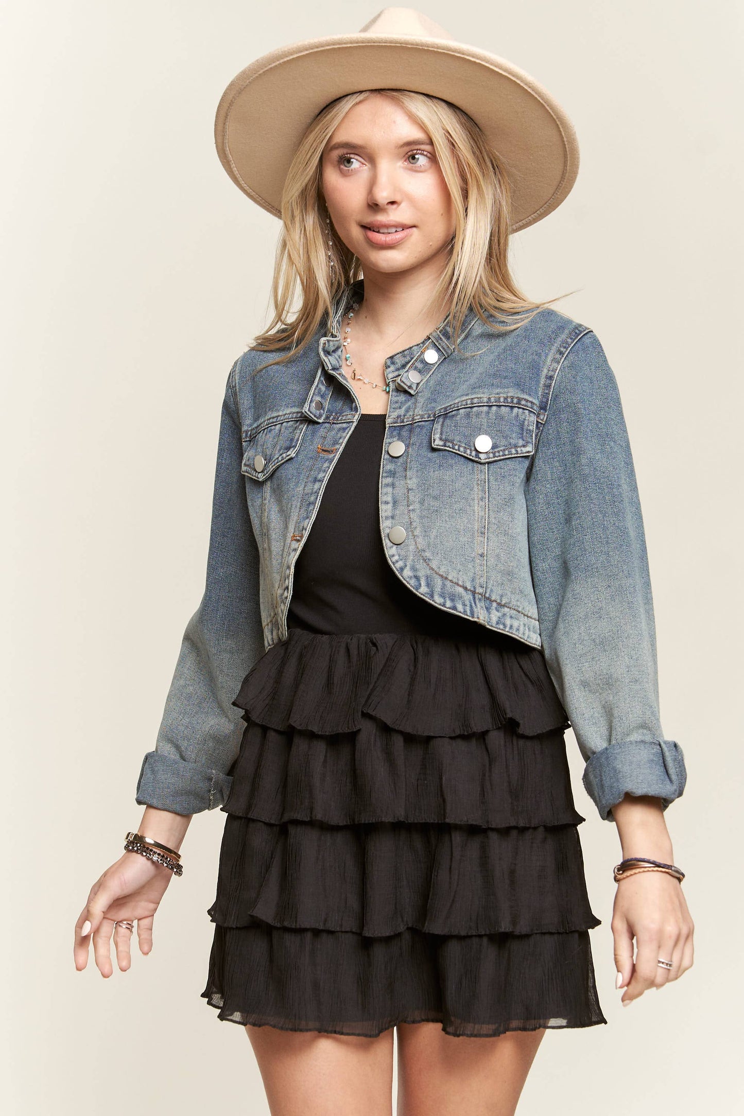 Washed cropped denim moto jacket