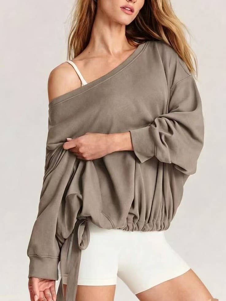 Off Shoulder Drawstring Hem Oversized Sweatshirt