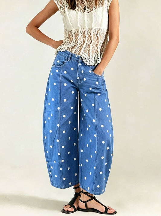 Vintage Chic Polka Dot Seamed Curved Cropped Jeans