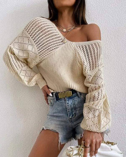 Bishop sleeve vneck open knit sweater