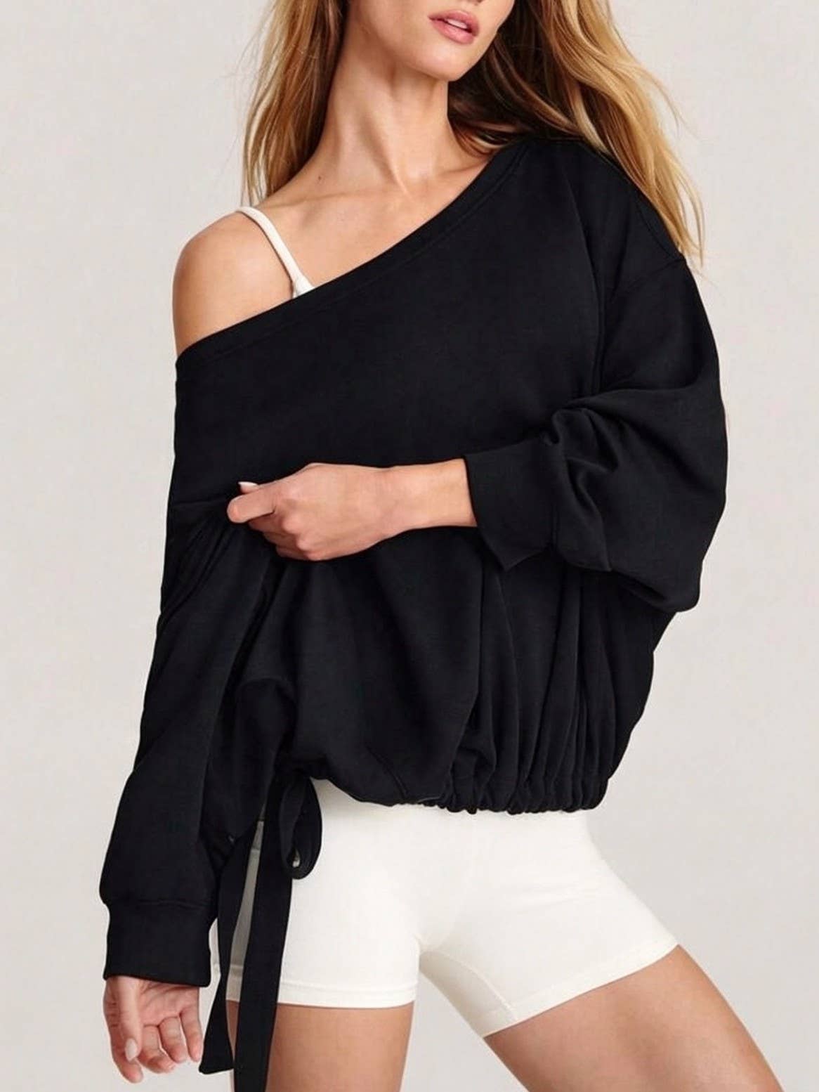 Off Shoulder Drawstring Hem Oversized Sweatshirt