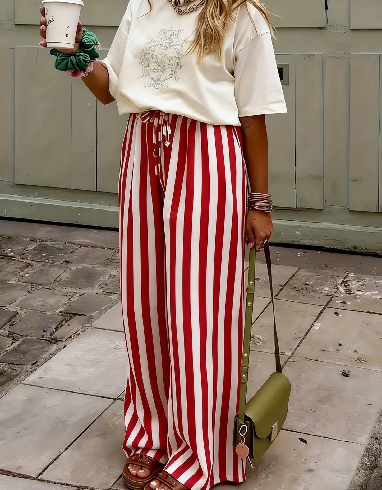 Multi Color Boho Beach Vertical Stripe Lace-Up Pants