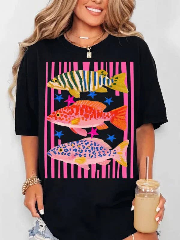 Tropical Colorful Fish Tee Stripe Graphic Shirts