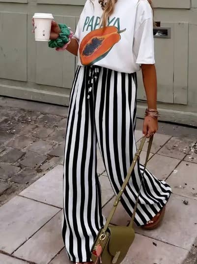 Multi Color Boho Beach Vertical Stripe Lace-Up Pants