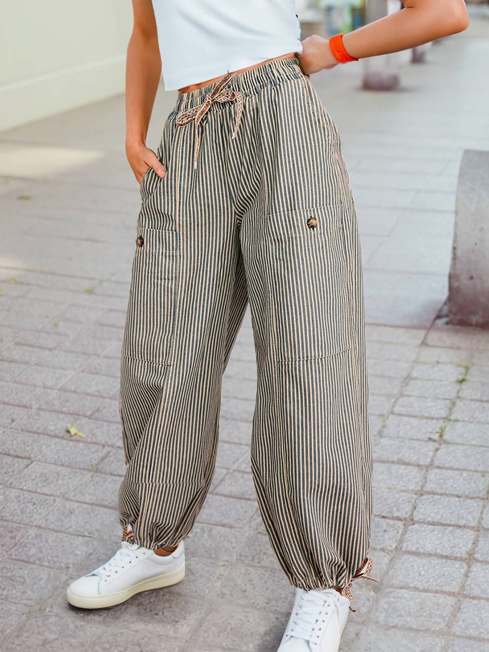 Large Patch Pocket Wide Leg Drawstring Pants