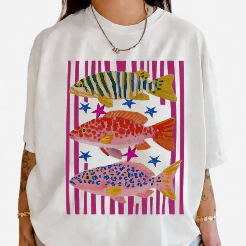 Tropical Colorful Fish Tee Stripe Graphic Shirts