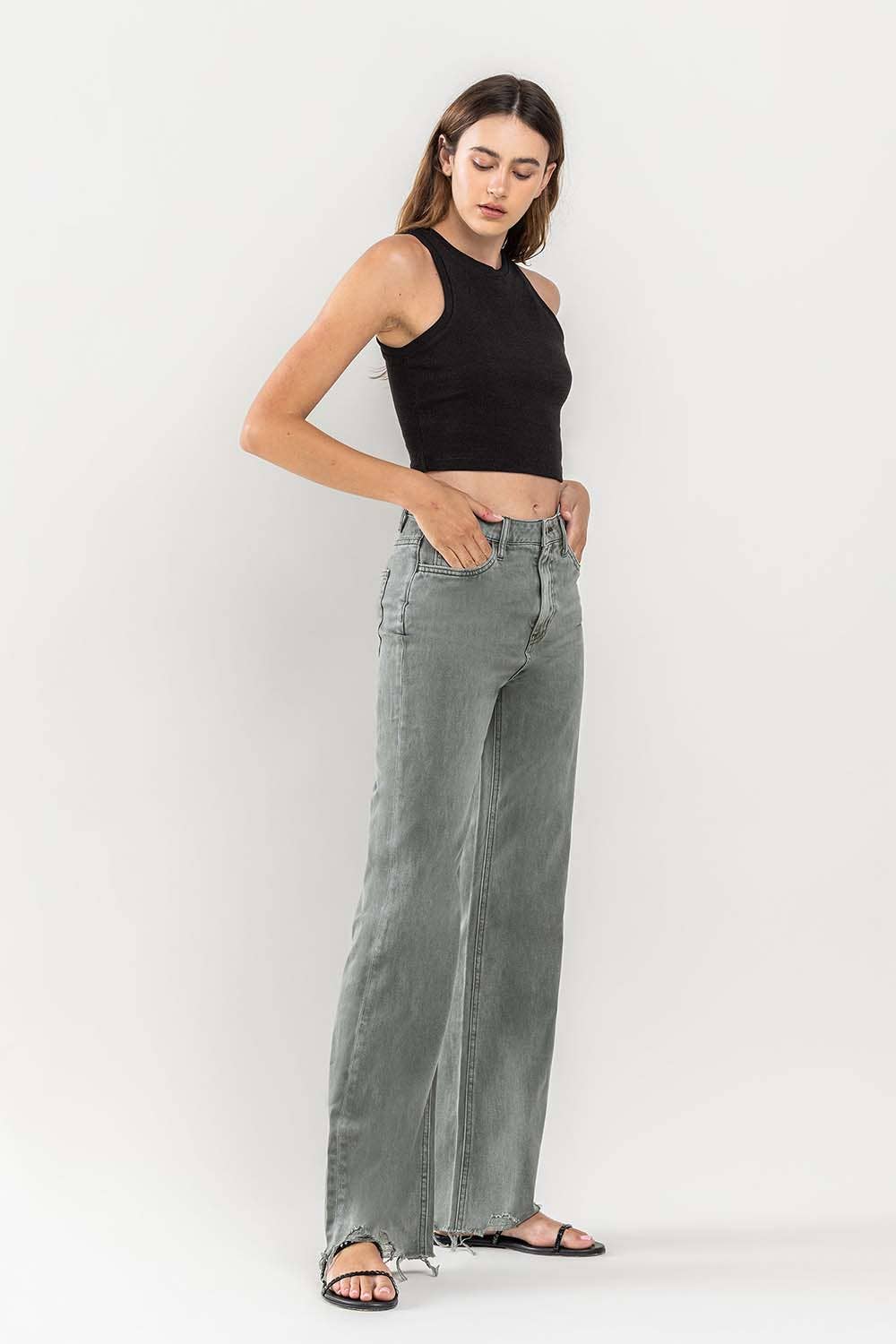 90's vintage super high rise hem detail flare jean