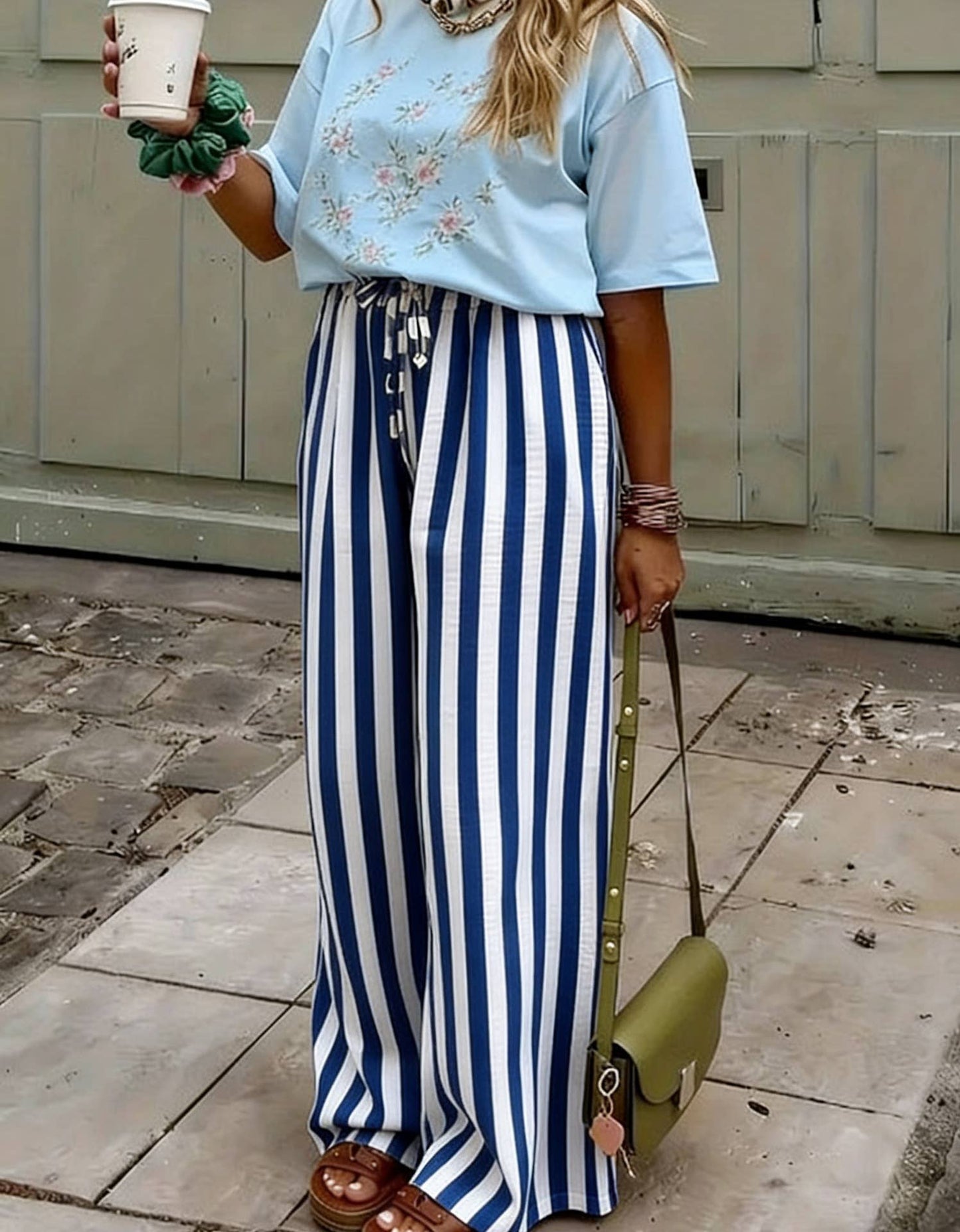 Multi Color Boho Beach Vertical Stripe Lace-Up Pants