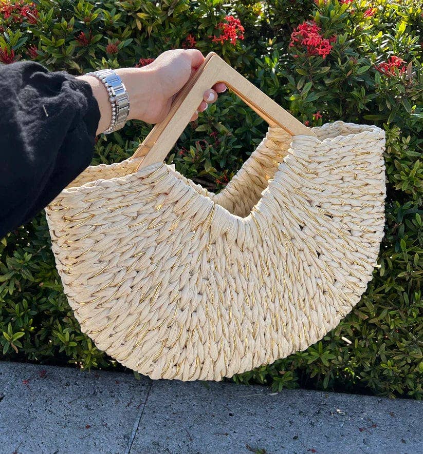 Isabella Wooden Handle Straw Tote Bag