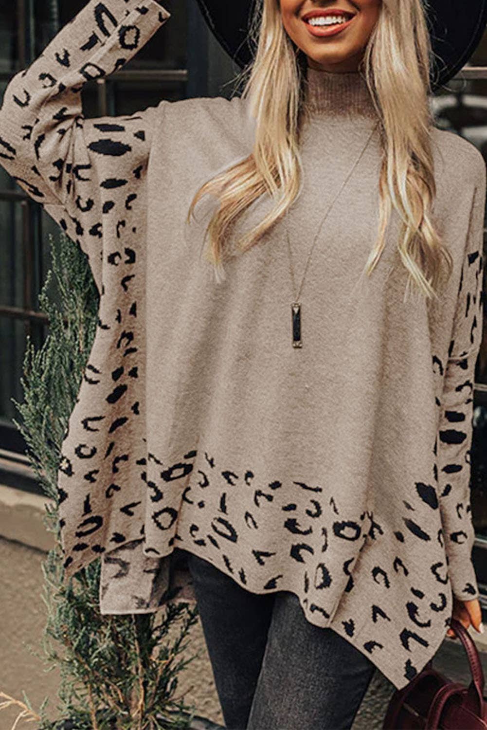 Leopard High Neck Side Slit Oversized Sweater