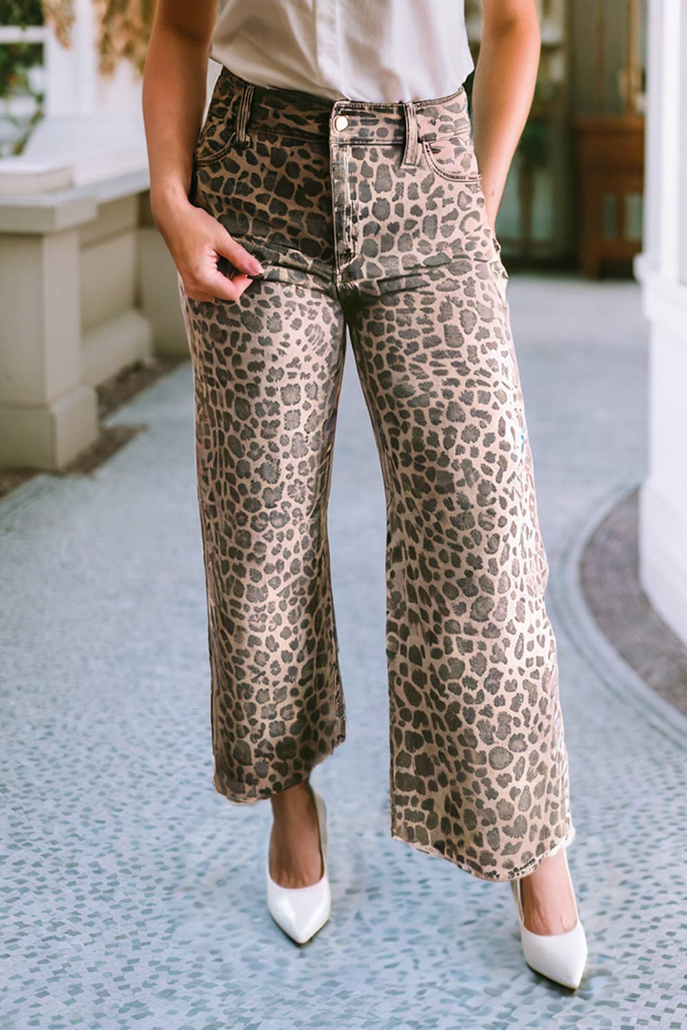 Leopard Frayed Edge High Waist Jeans