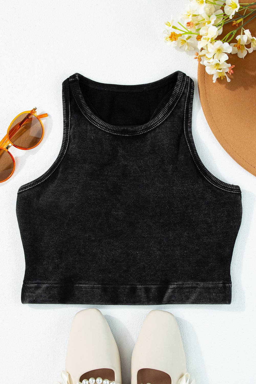 Ribbed Mineral Wash Racerback Cropped Tank Top