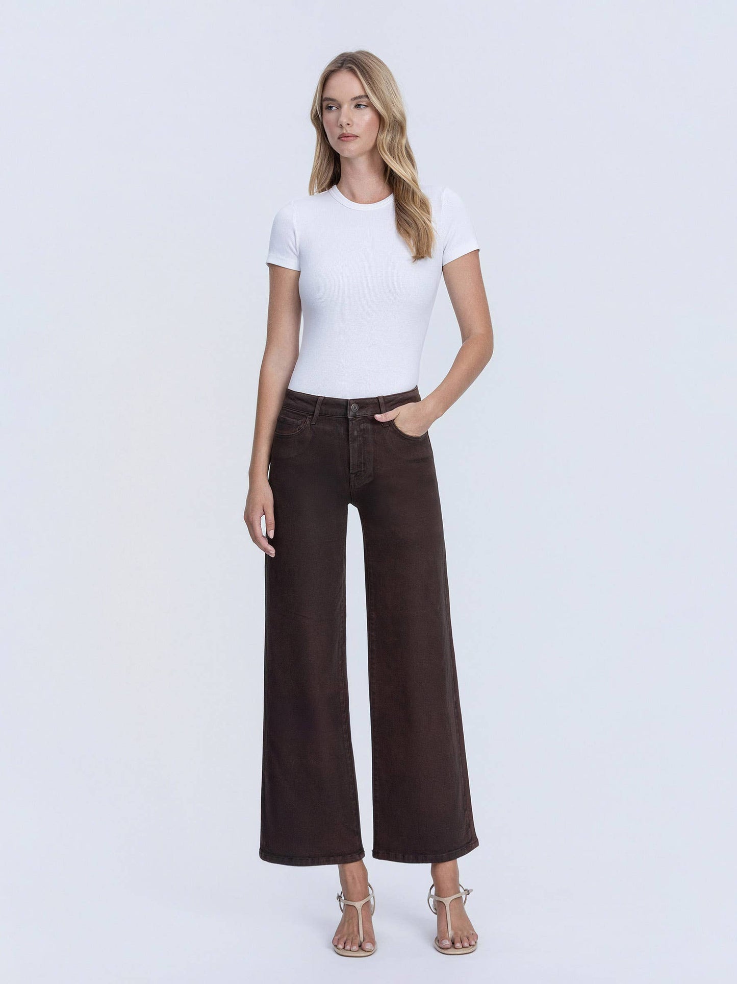 High Rise Chicory Coated Wide Leg Jeans