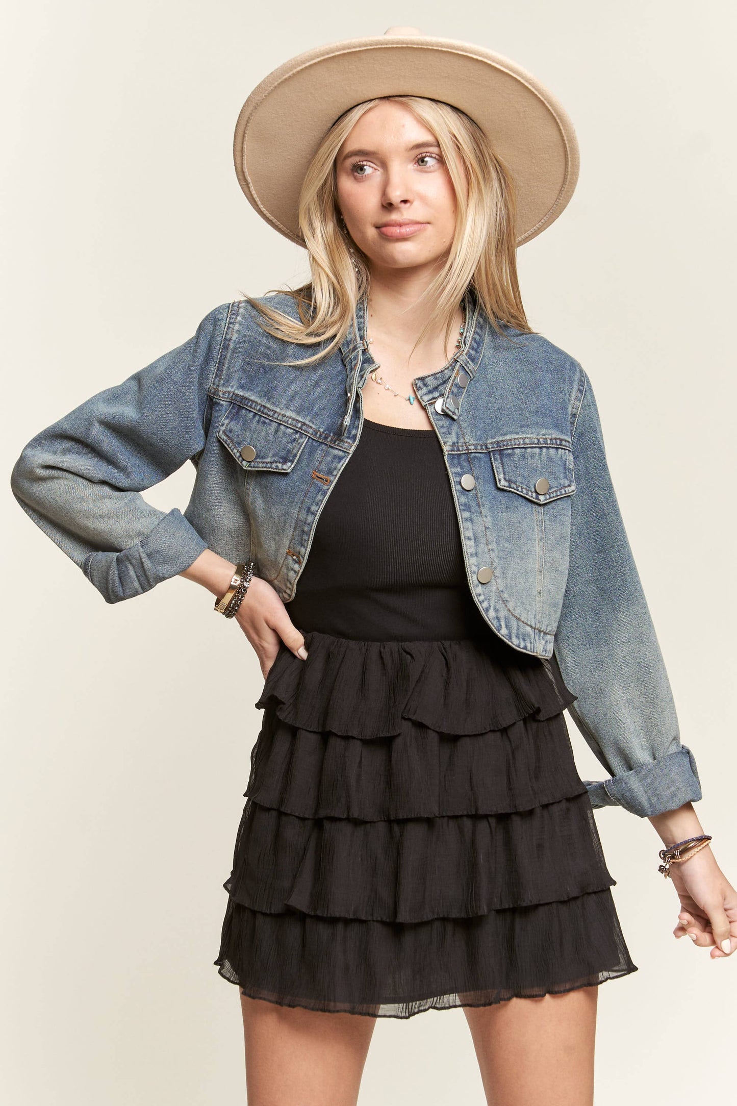 Washed cropped denim moto jacket