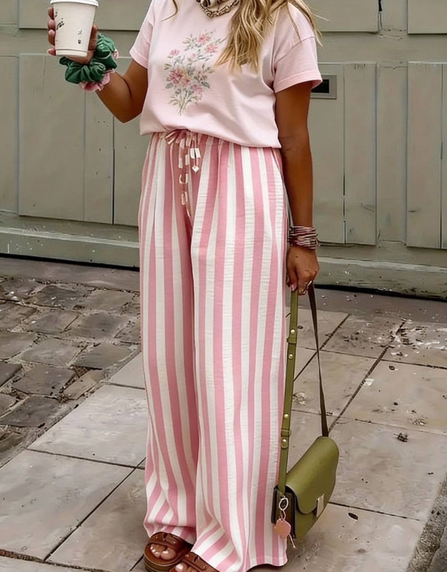 Multi Color Boho Beach Vertical Stripe Lace-Up Pants