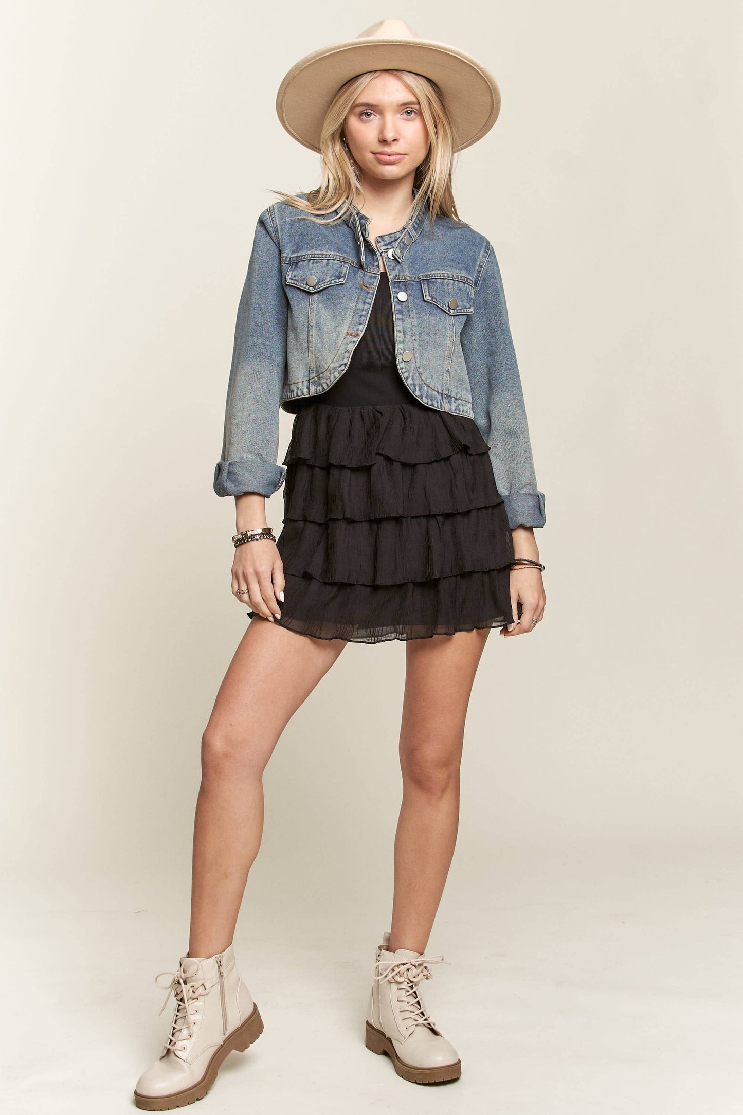 Washed cropped denim moto jacket